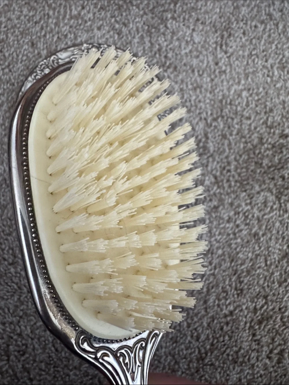 Ornate Silver Hand Mirror and Brush Set - Ivory Bristles